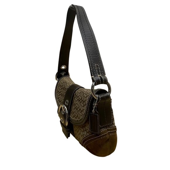 Vintage Coach Signature Brown Jacquard Suede Trim Buckle Detail Shoulder Bag - Picture 4 of 12